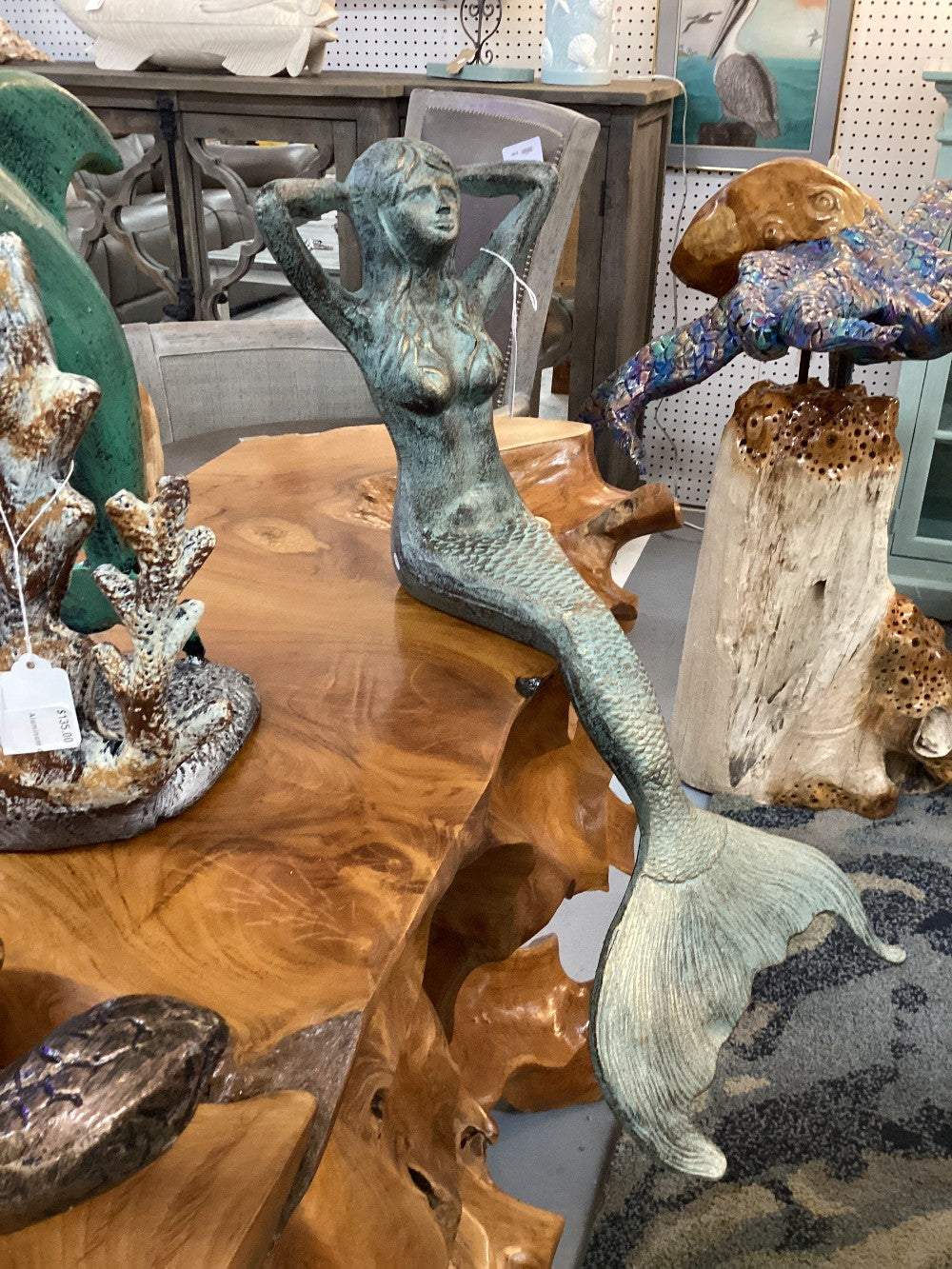 Green and gold cast iron sitting mermaid 18 H 14D|3441