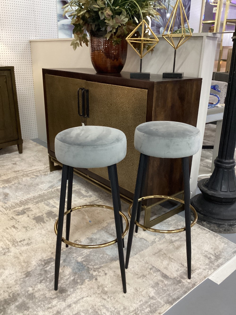 Pr. Grey Velvet Stool with Gold Footrail|3703