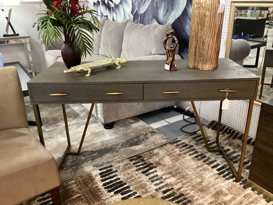 Gray faux shagreen desk with gold tone legs and pulls|3722