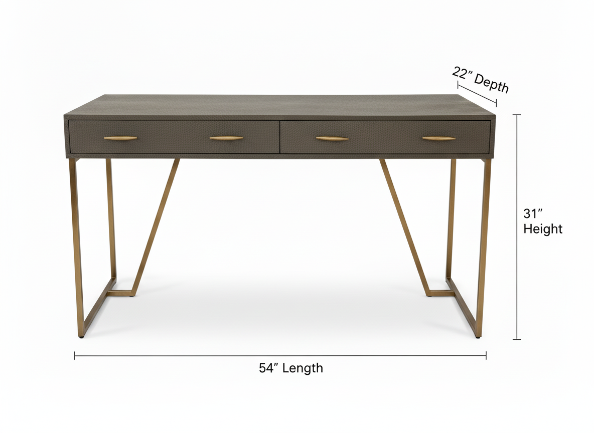 Shagreen Desk in Gray - Antique Brass Finish on Legs and Drawer Pulls