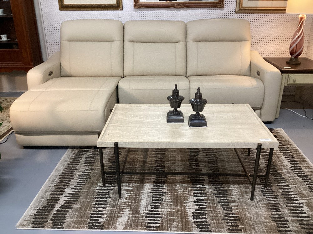 Beige leather reclining sofa with reclining chaise lounge|3875