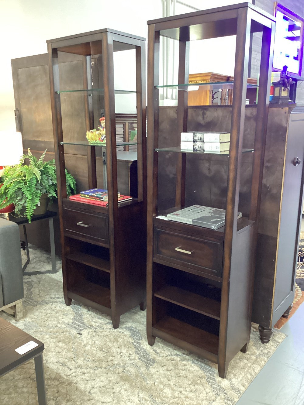 Pr. Wood and Glass Shelf Bookshelves|3932