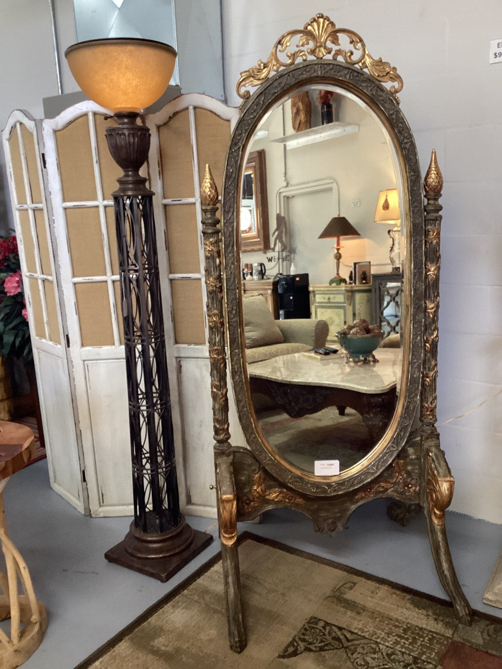 Fancy carved cheval mirror|3988