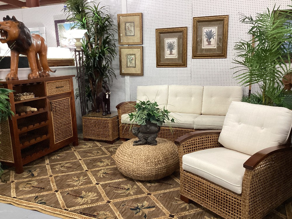 3 piece Wood and Ratan couch chair end table|5155