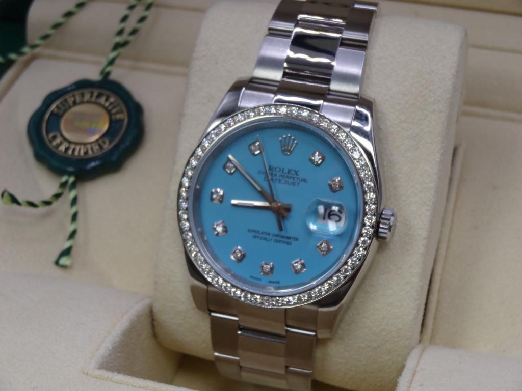 Rolex Datejust - 18K White Gold Stainless Steel Aqua Blue Diamond Bezel (16014)