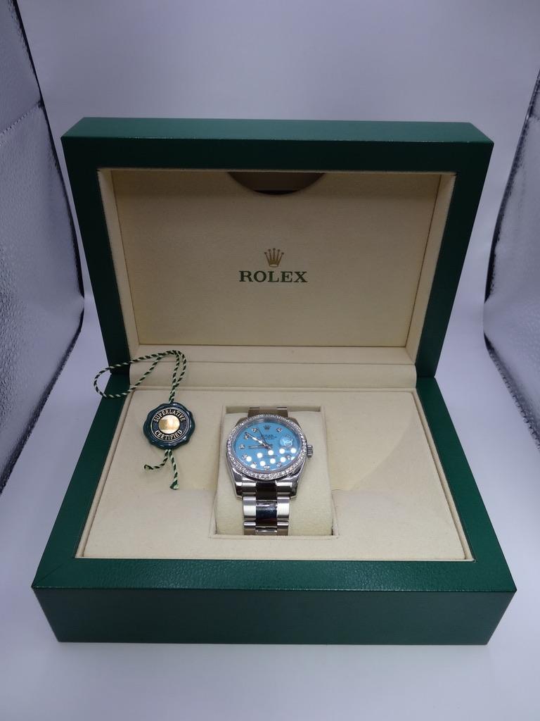 Rolex Datejust - 18K White Gold Stainless Steel Aqua Blue Diamond Bezel (16014)