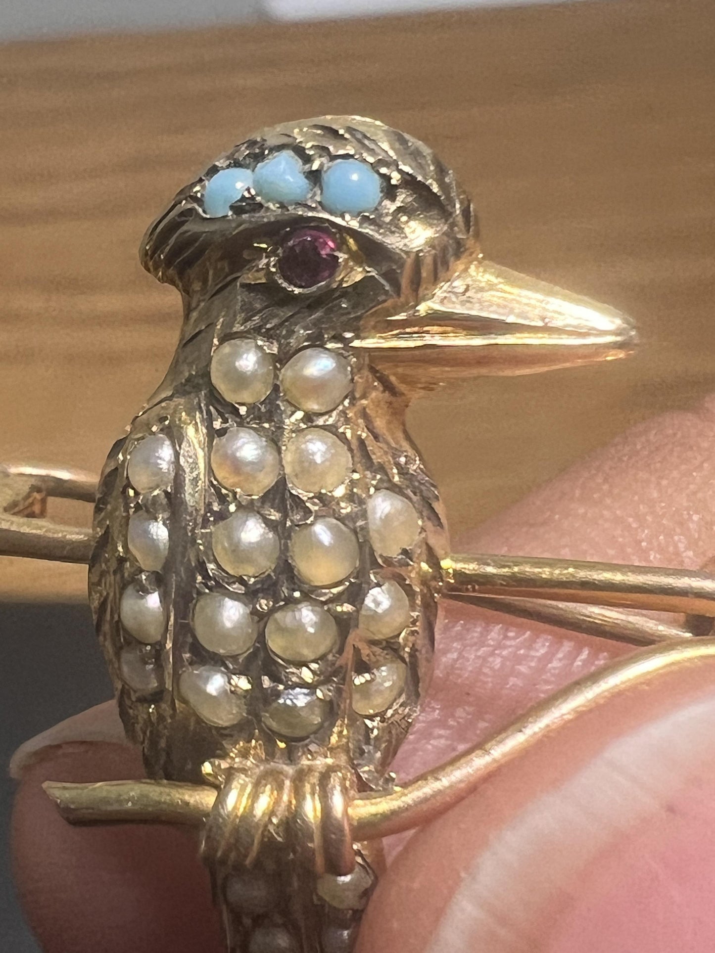 Gold Kookaburra Bird Brooch with Ruby and Turquoise accents