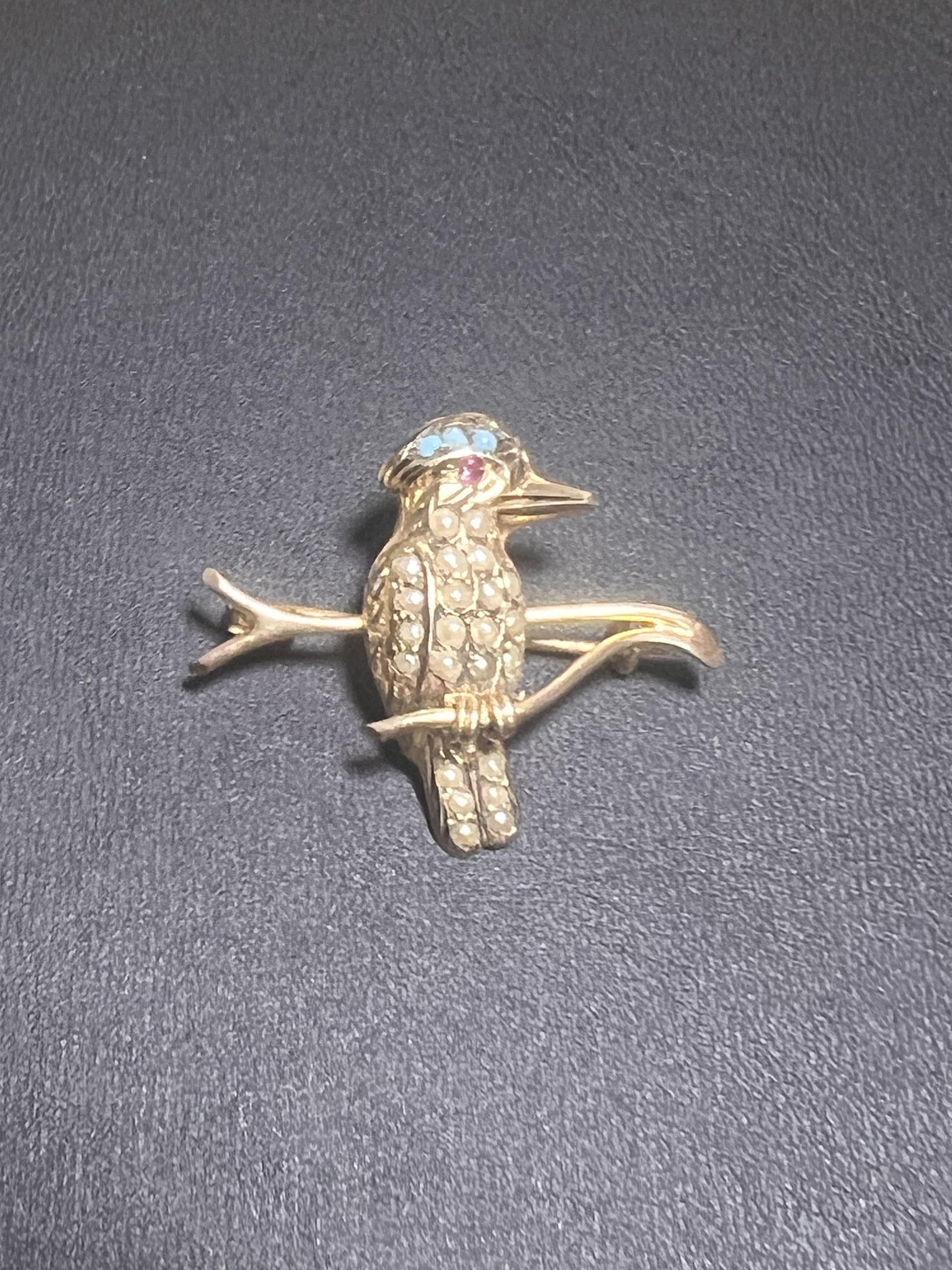 Gold Kookaburra Bird Brooch with Ruby and Turquoise accents