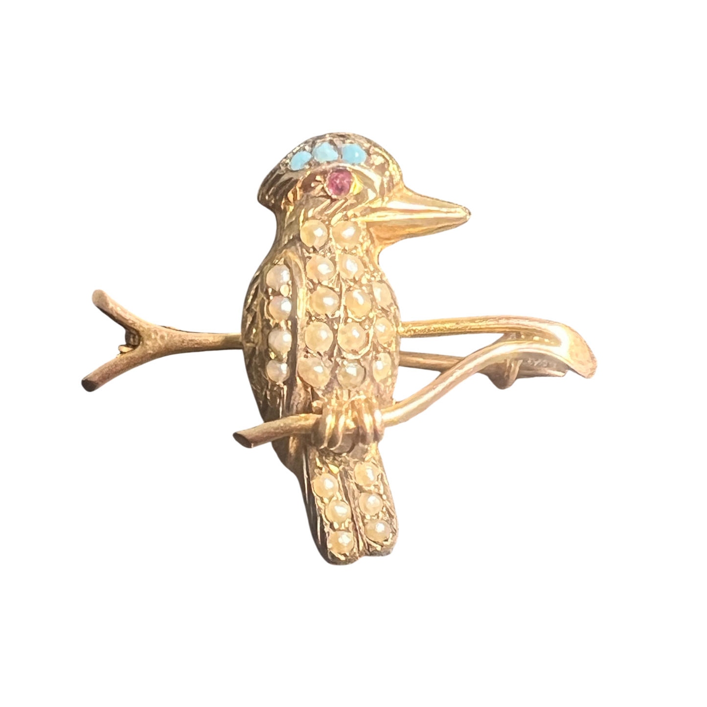 Gold Kookaburra Bird Brooch with Ruby and Turquoise accents