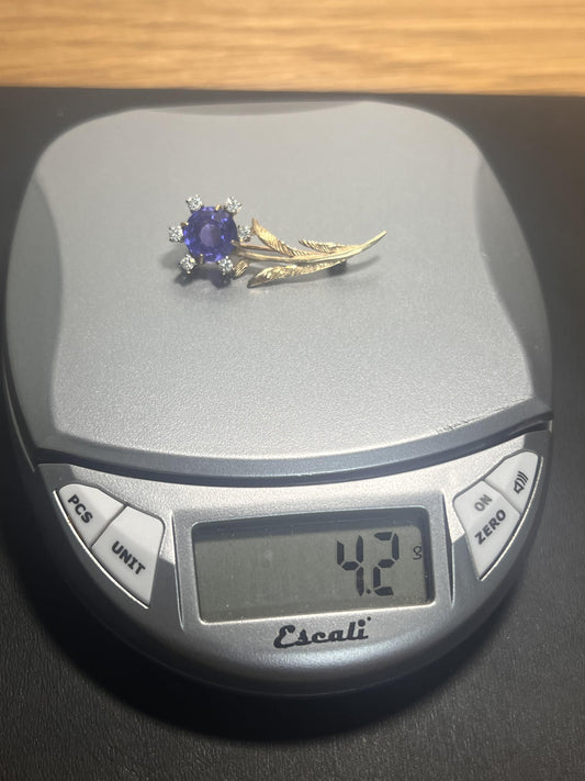 Tanzanite and Diamond 14k Gold Brooch