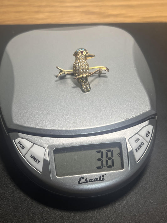 Gold Kookaburra Bird Brooch with Ruby and Turquoise accents