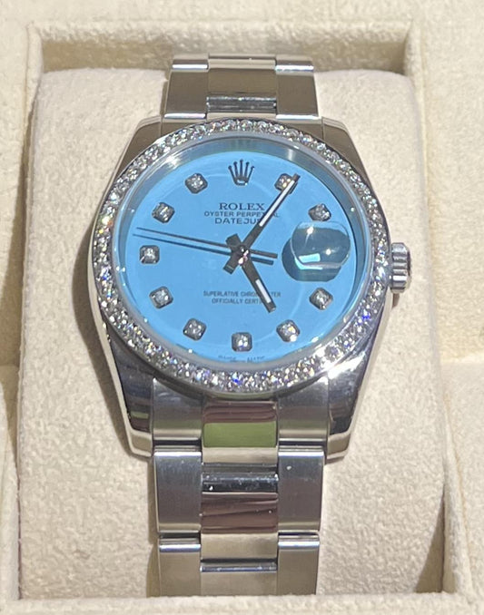 Rolex Datejust - 18K White Gold Stainless Steel Aqua Blue Diamond Bezel (16014)