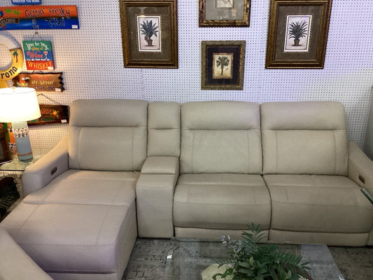 Beige leather reclining sofa with reclining chaise lounge|3200