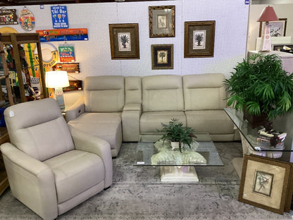 Beige leather reclining sofa with reclining chaise lounge|3201