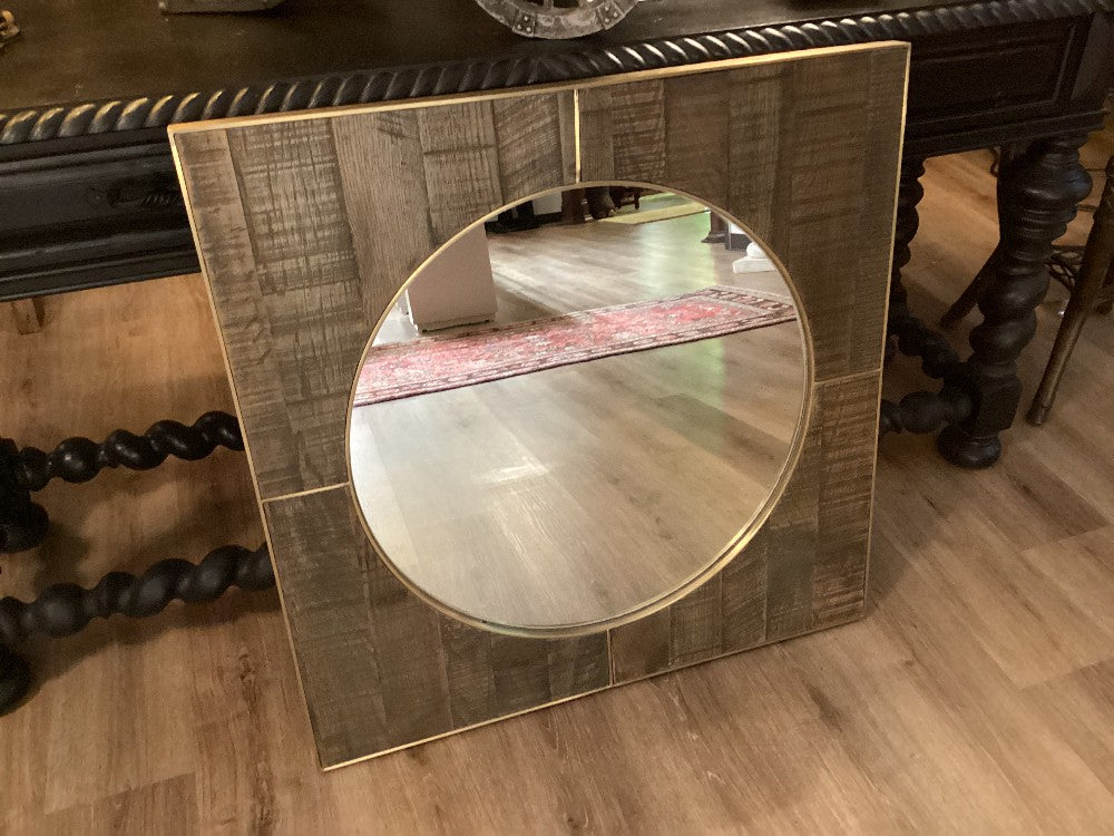 Gold metal and wood round mirror|3378