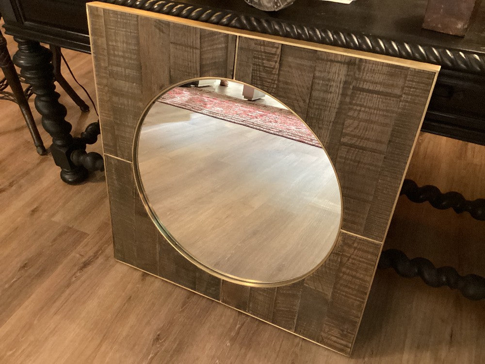 Gold metal and wood round mirror|3379