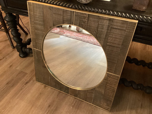 Gold metal and wood round mirror|3379