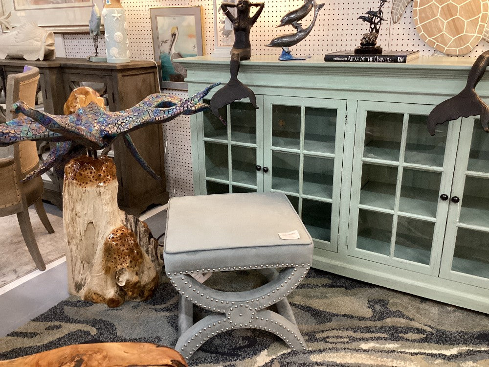 Blue velvet studded foot stool|3427