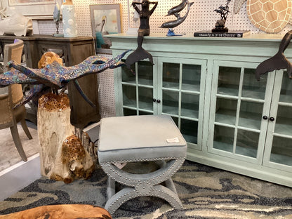 Blue velvet studded foot stool|3427