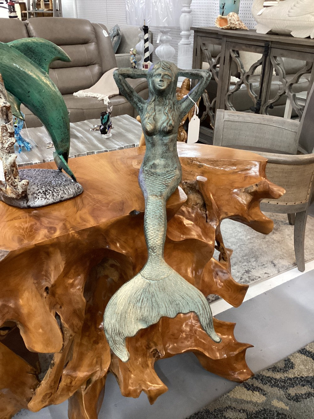 Green and gold cast iron sitting mermaid  18 H  14D|3440