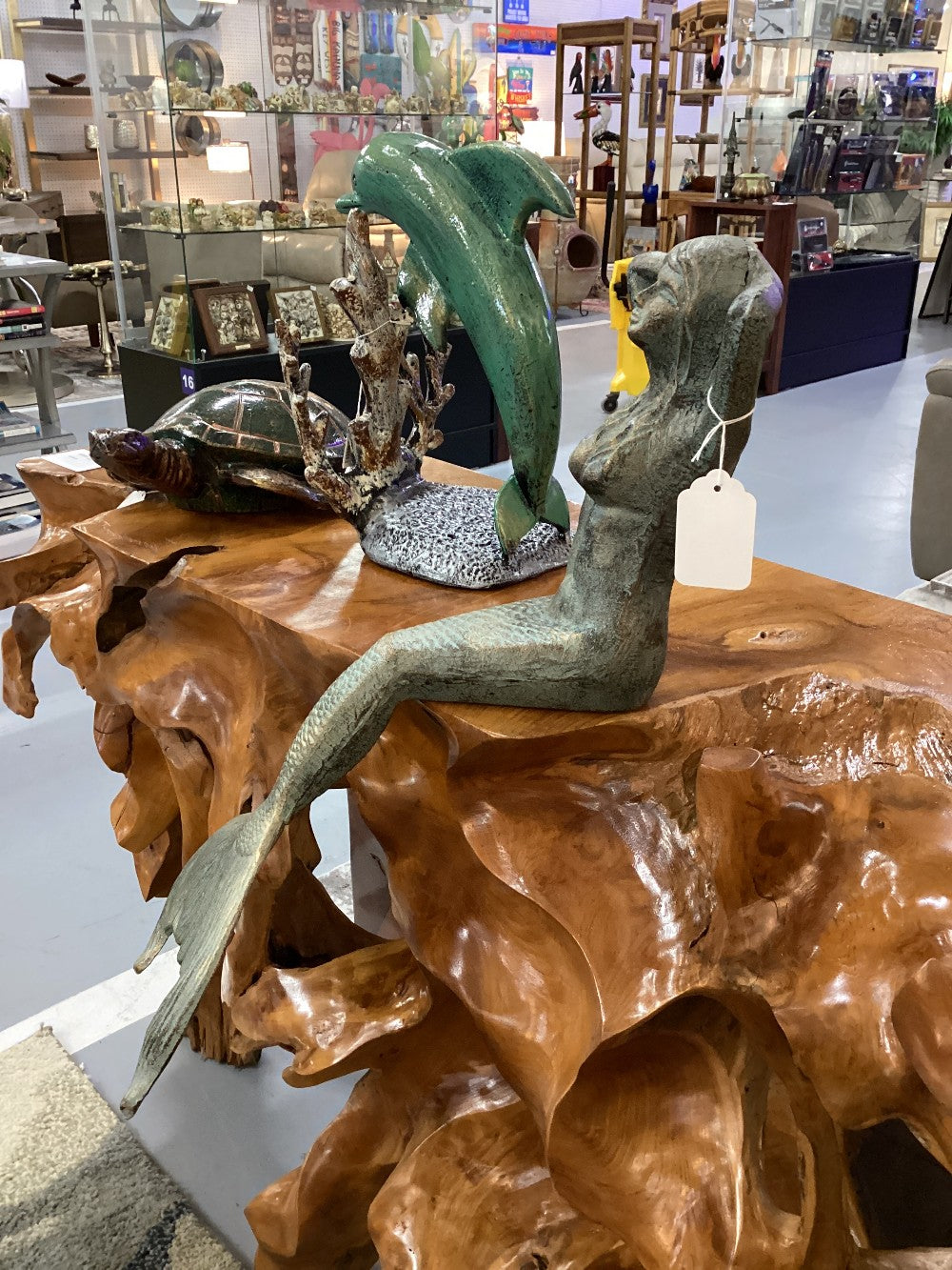 Green and gold cast iron sitting mermaid  18 H  14D|3442