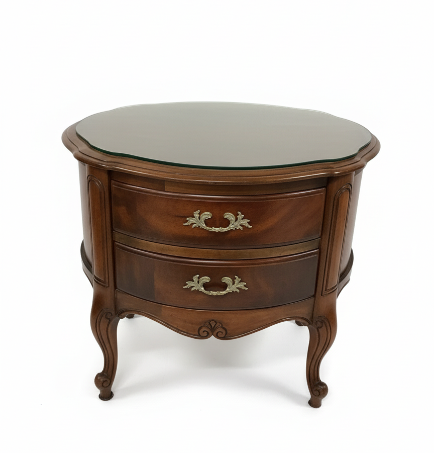 Wooden side table with glass top on a white background