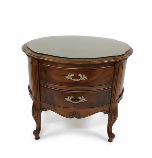 Wooden side table with glass top on a white background