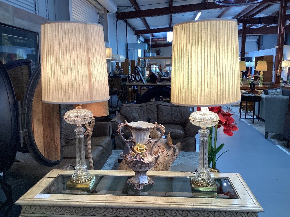 Pair Vintage Crystal and Brass Lamp w/ pleated shade|3580