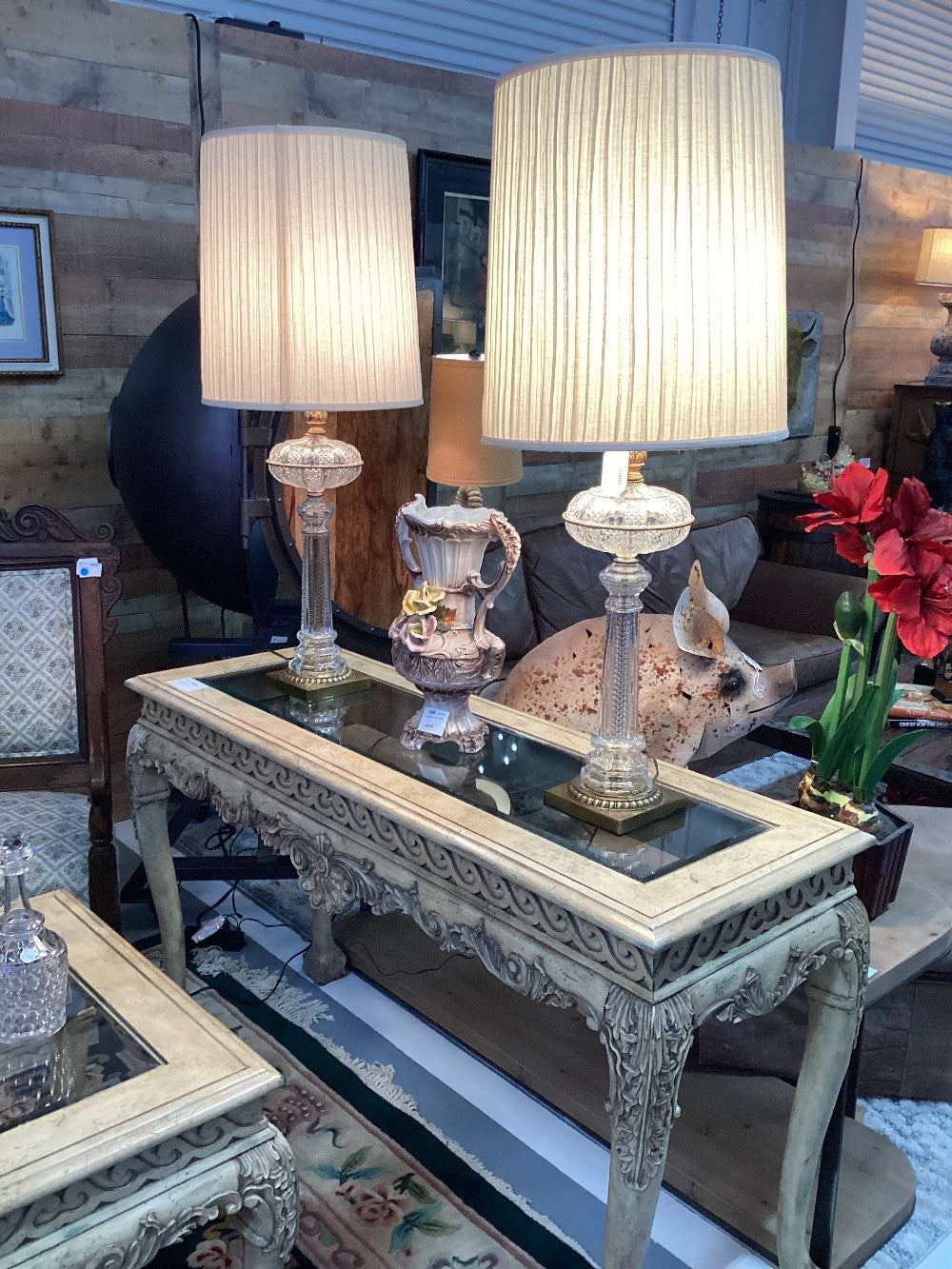 Pair Vintage Crystal and Brass Lamp w/ pleated shade|3581