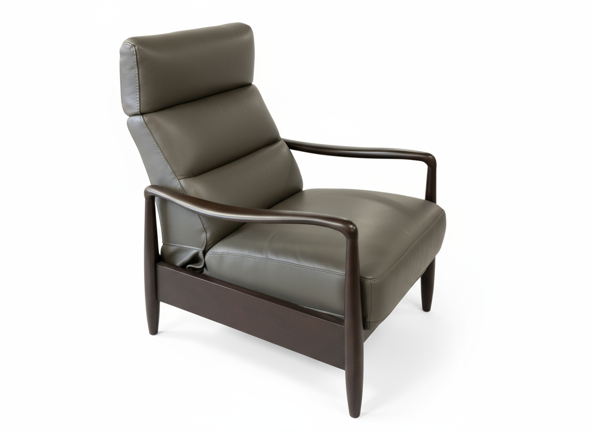 Gray recliner chair with brown wooden frame on a white background