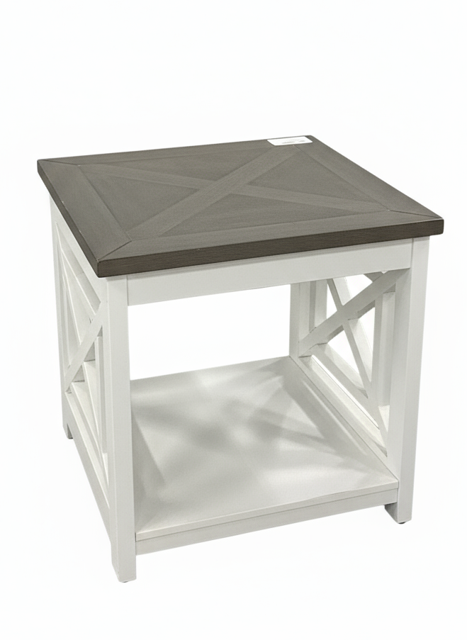 White side table with a dark brown top on a white background