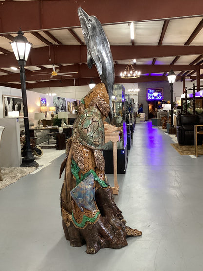 Teak Sealife w/ Dolphin Carving, Painted|3675