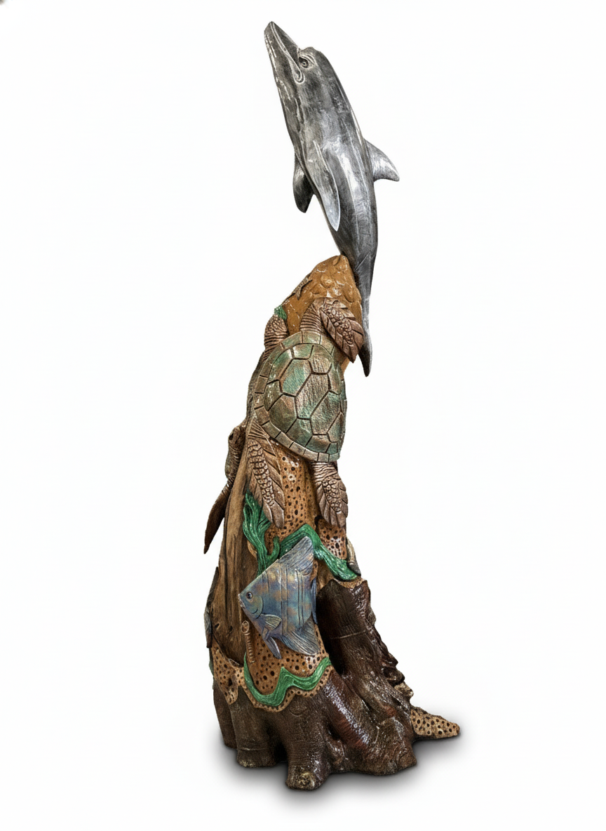 Teak Sealife w/ Dolphin Carving, Painted