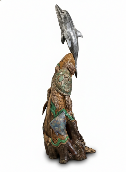 Teak Sealife w/ Dolphin Carving, Painted