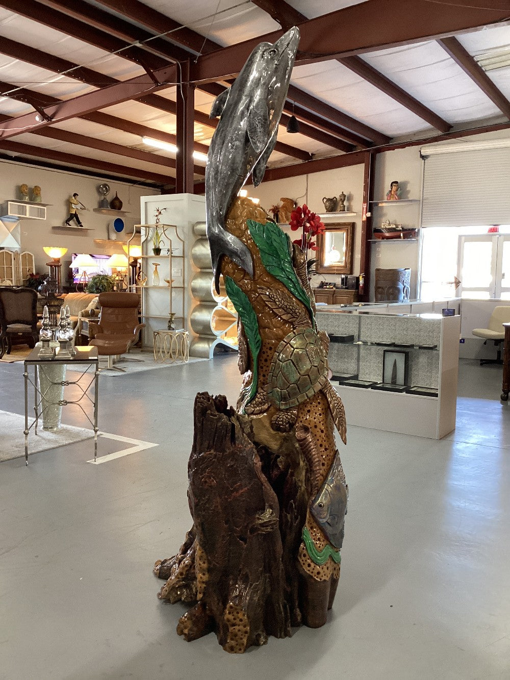 Teak Sealife w/ Dolphin Carving, Painted|3676