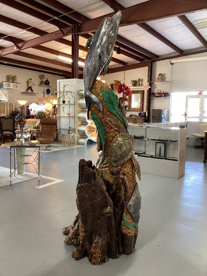 Teak Sealife w/ Dolphin Carving, Painted|3676