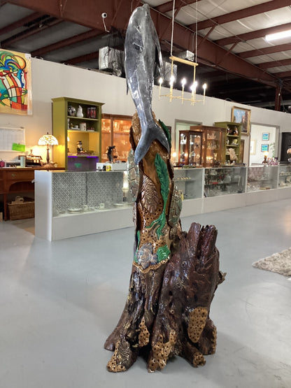 Teak Sealife w/ Dolphin Carving, Painted|3677