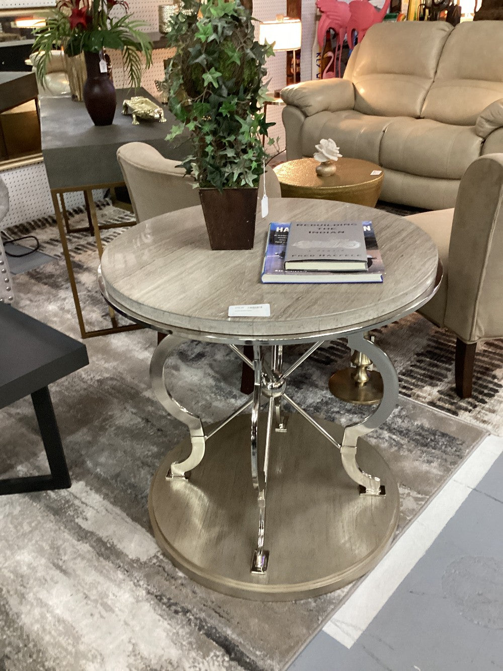 modern faux stone table with chrome base|3720