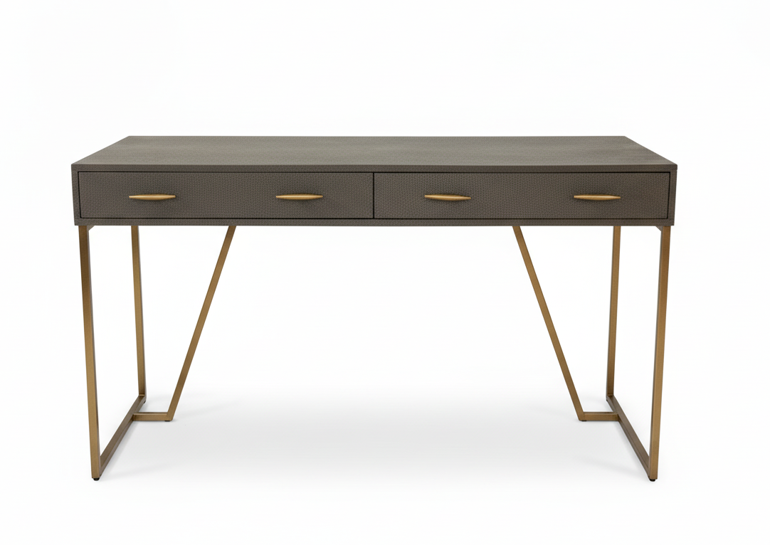 Dark brown desk with gold legs on a white background