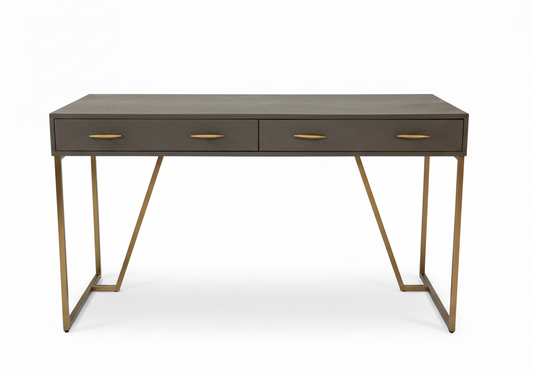 Dark brown desk with gold legs on a white background