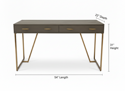 Shagreen Desk in Gray - Antique Brass Finish on Legs and Drawer Pulls