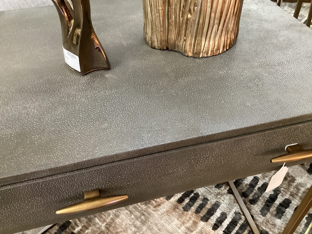 Gray faux shagreen desk with gold tone legs and pulls|3724
