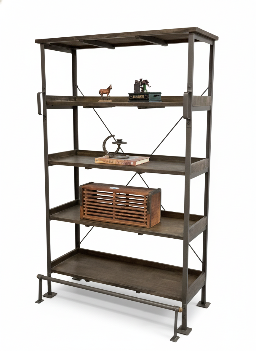 Wooden bookshelf with metal frame on a white background