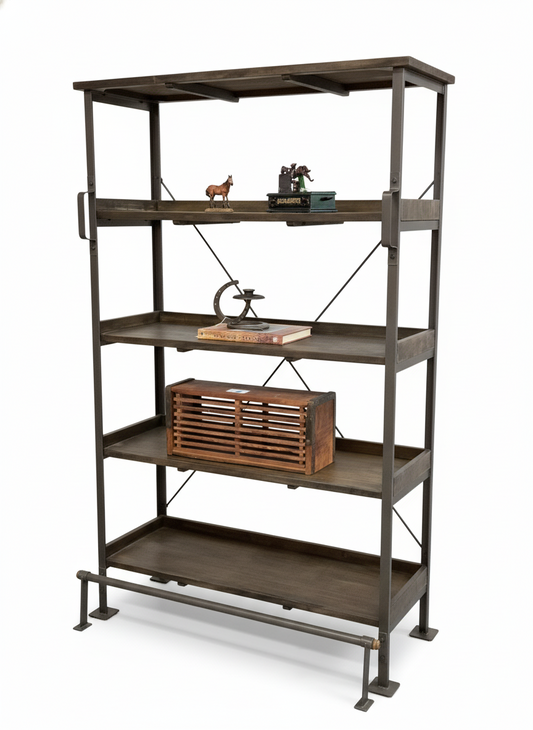 Wooden bookshelf with metal frame on a white background