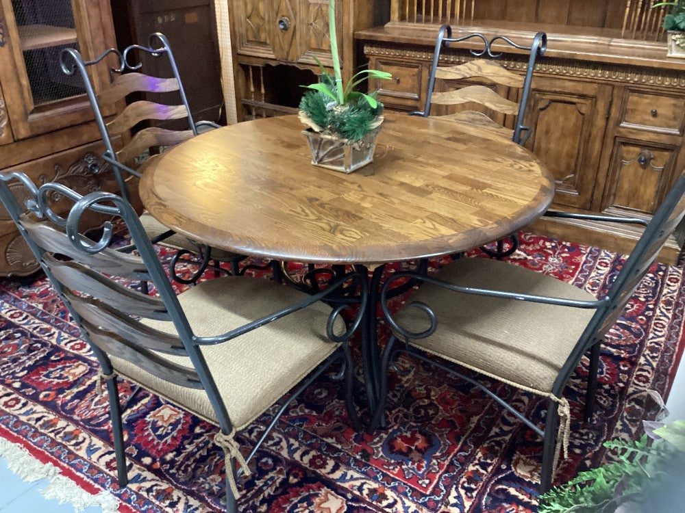 Oak and iron dining table with 4 chairs|3832
