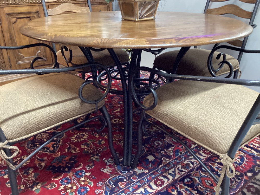 Oak and iron dining table with 4 chairs|3833