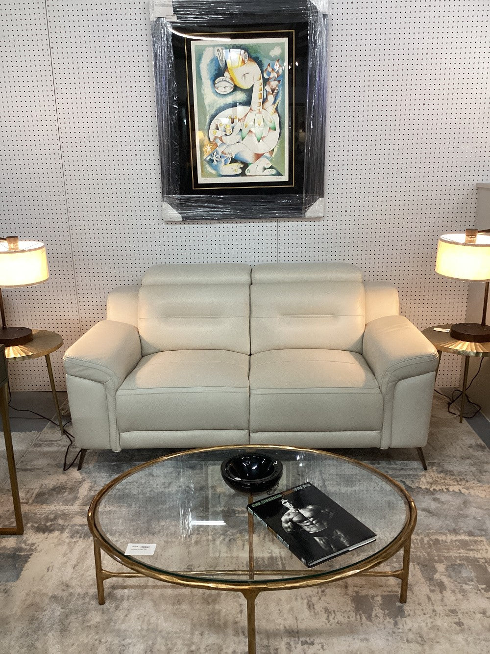 Cream leather electric reclining loveseat|4468