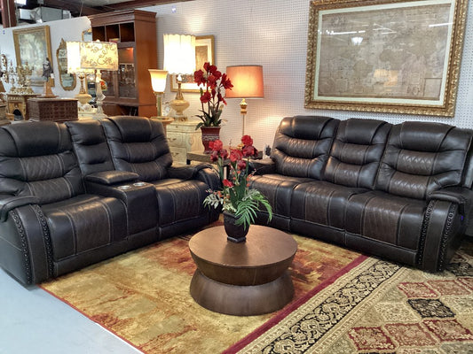 Brown leather electric reclining sofa|4740