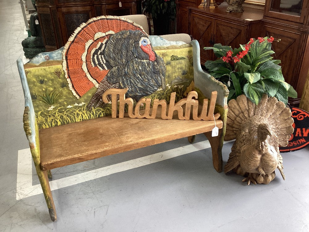 Carved turkey wood bench|4749