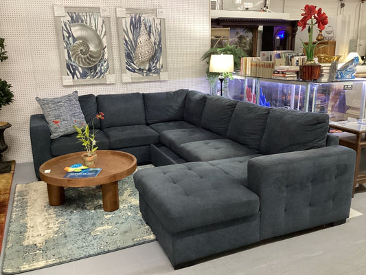 Dark blue fabric sectional with trundle and storage|4923